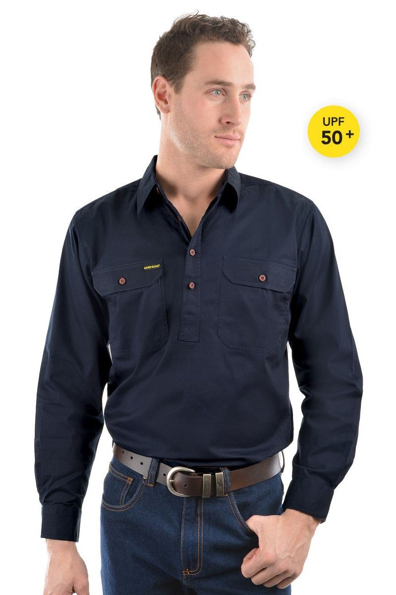 Half Placket Light Cotton Shirt [c:navy Size:3xl]