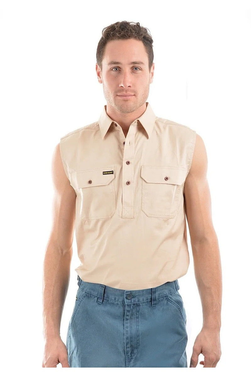 Half Placket Light Cotton Sleeveless Shirt [c:stone Size:s]