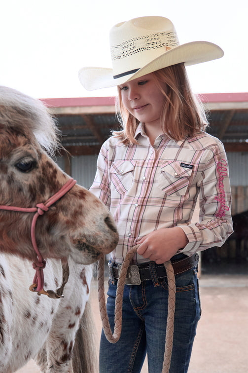 Girls Henley Logo Shirt [c:ivory/pink Size:4]