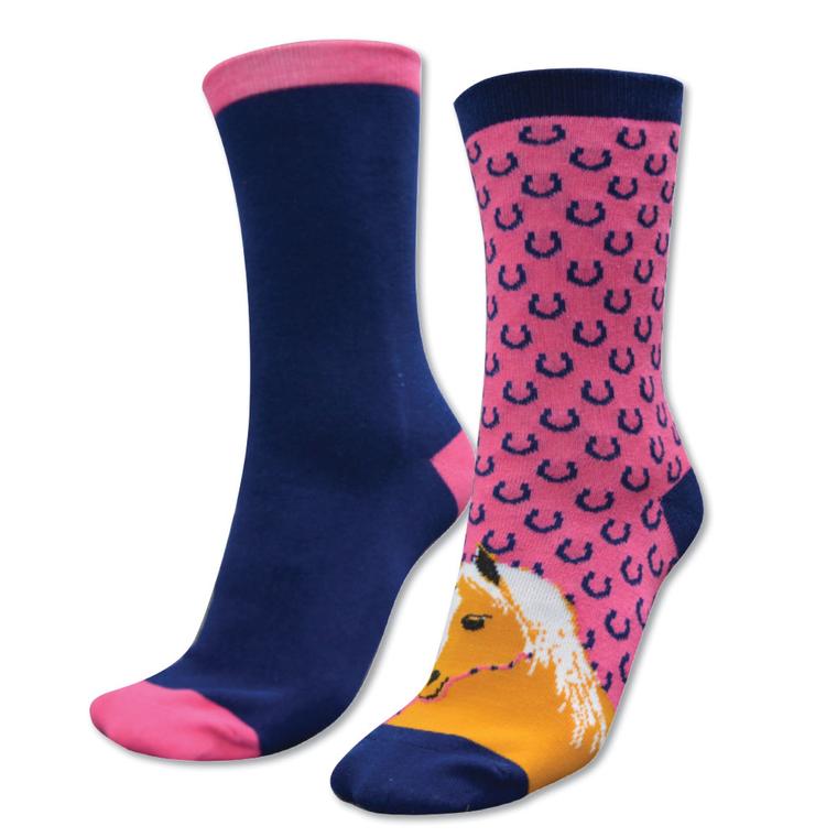 HOMESTEAD SOCKS - TWIN PACK NAVY/HOT PINK (HORSE) 2-7