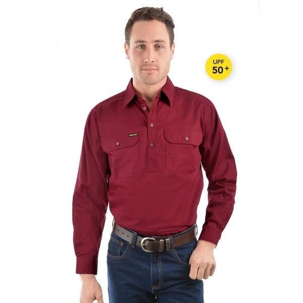 MENS HALF PLACKET LIGHT COTTON SHIRT BURGUNDY XS
