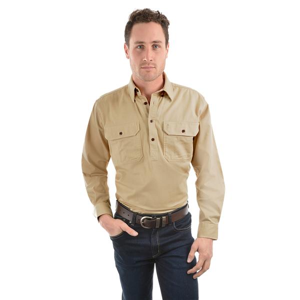 HEAVY CTN DRILL 1/2 PLKT 2-PKT L/S SHIRT BONE S